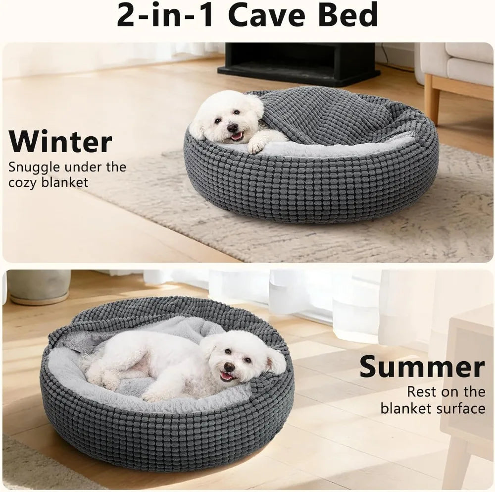 Dog Bed with Attached Blanket for Small Dogs Cats, Soft Plush Donut Cuddler Hooded Pet Bed Washable Round Puppy Bed with Anti-Slip Bottom 26inch