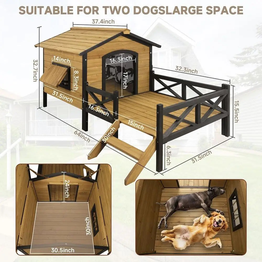 Large Dog House 43.3 L x 69.9 W x 32.7 H Cabin Style Elevated Outdoor Pet Shelter with Porch Deck