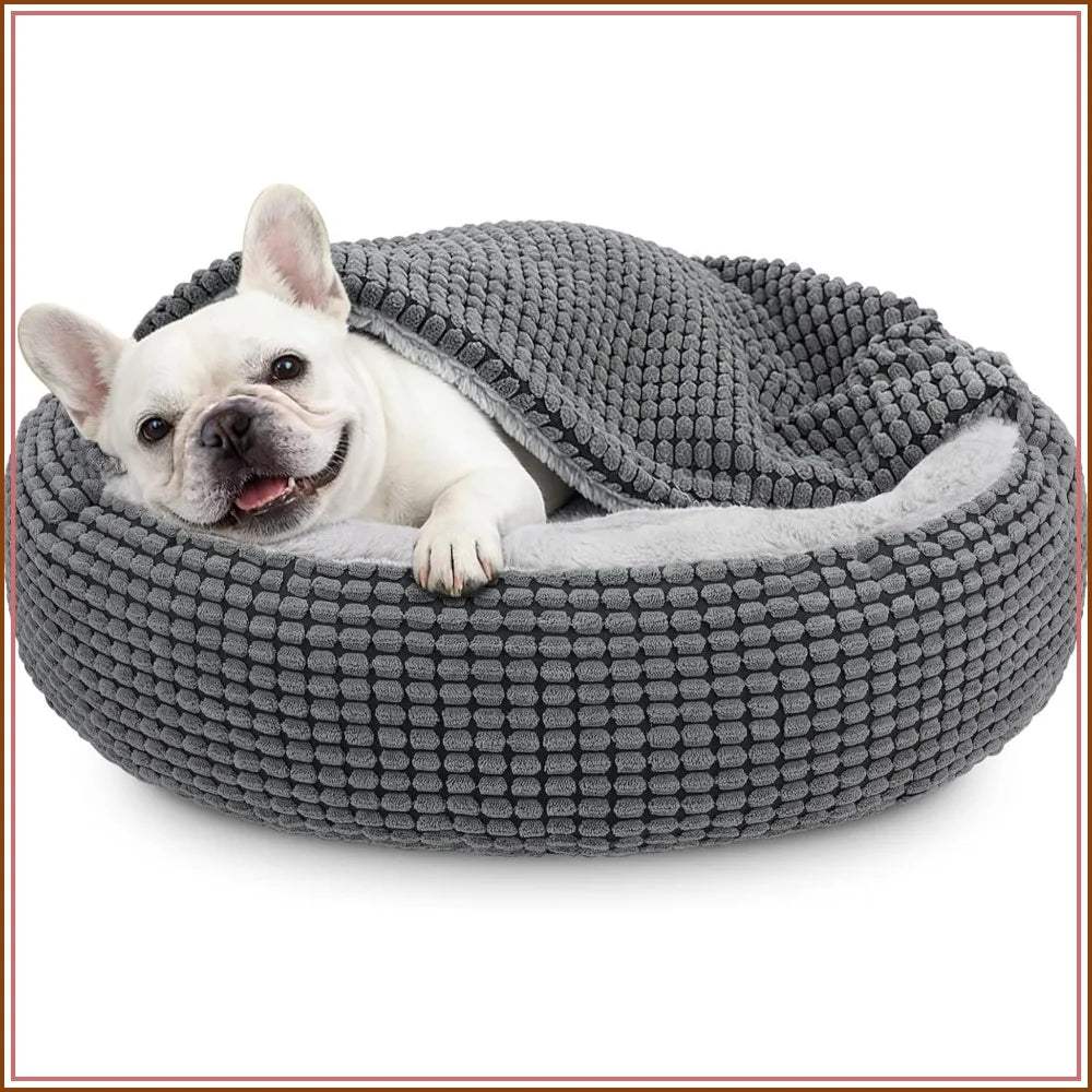 Dog Bed with Attached Blanket for Small Dogs Cats, Soft Plush Donut Cuddler Hooded Pet Bed Washable Round Puppy Bed with Anti-Slip Bottom 26inch