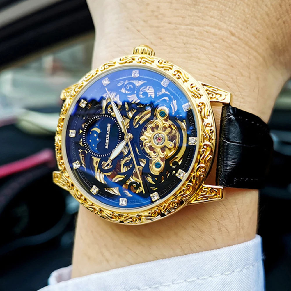 AOKULASIC Tourbillon Skeleton Automatic Mechanical Watch for Men Luminous Hands Engraved Case Leather Strap Retro Mens Watches