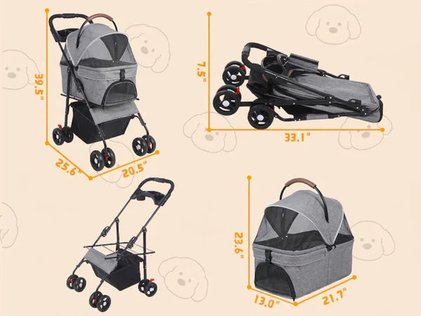 Detachable Dog Stroller 2-in-1 Pet Carrier & Stroller Foldable Lightweight 4 Wheel for Small Dogs Cats Portable Travel Pet Pram