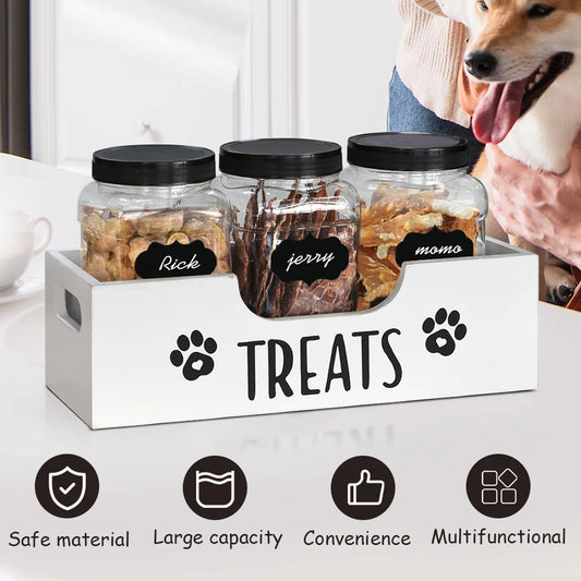 Wooden Pet Snack Storage Box with Plastic Treat Jar Food Storage Holder (White)