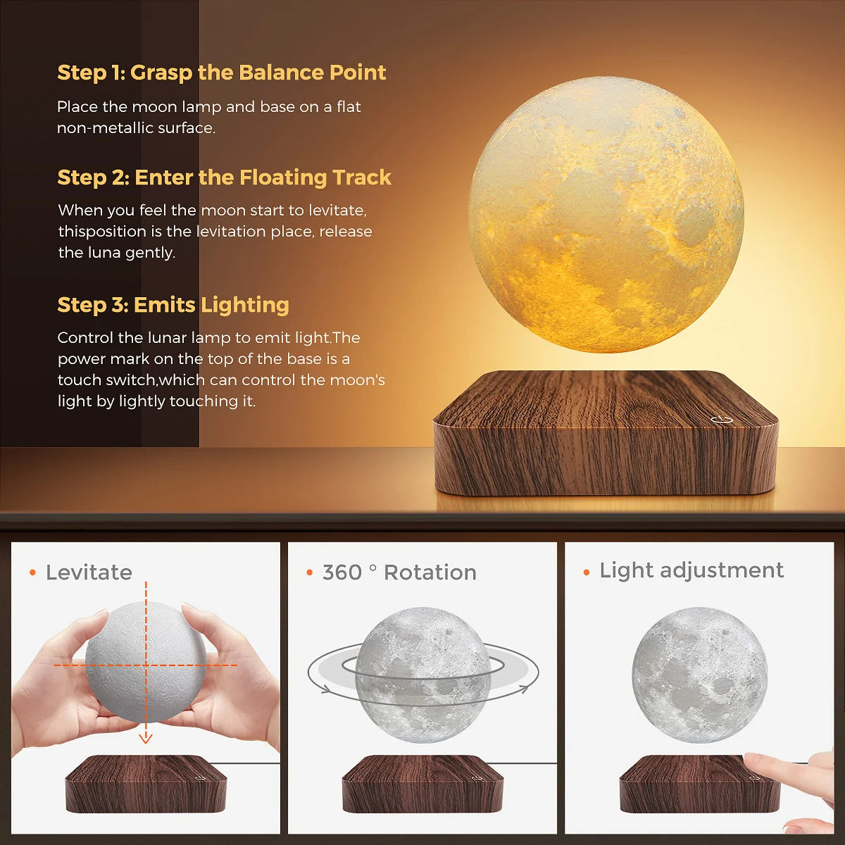 Mexllex Magnetic Floating Rotating Moon Lamp With Wooden Base 3 Color Temp LED