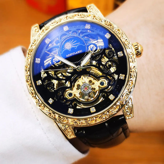 AOKULASIC Tourbillon Skeleton Automatic Mechanical Watch for Men Luminous Hands Engraved Case Leather Strap Retro Mens Watches