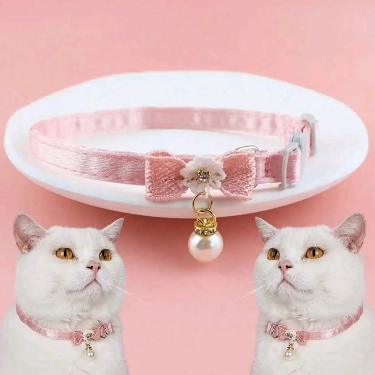 1pc Adjustable Polyester Cat Collar With Pearl Bead Decor, Suitable For Fashionable Pet Cats And Dogs