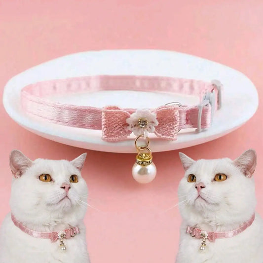 1pc Adjustable Polyester Cat Collar With Pearl Bead Decor, Suitable For Fashionable Pet Cats And Dogs