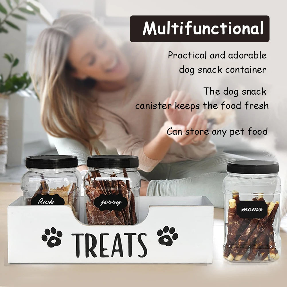 Wooden Pet Snack Storage Box with Plastic Treat Jar Food Storage Holder (White)