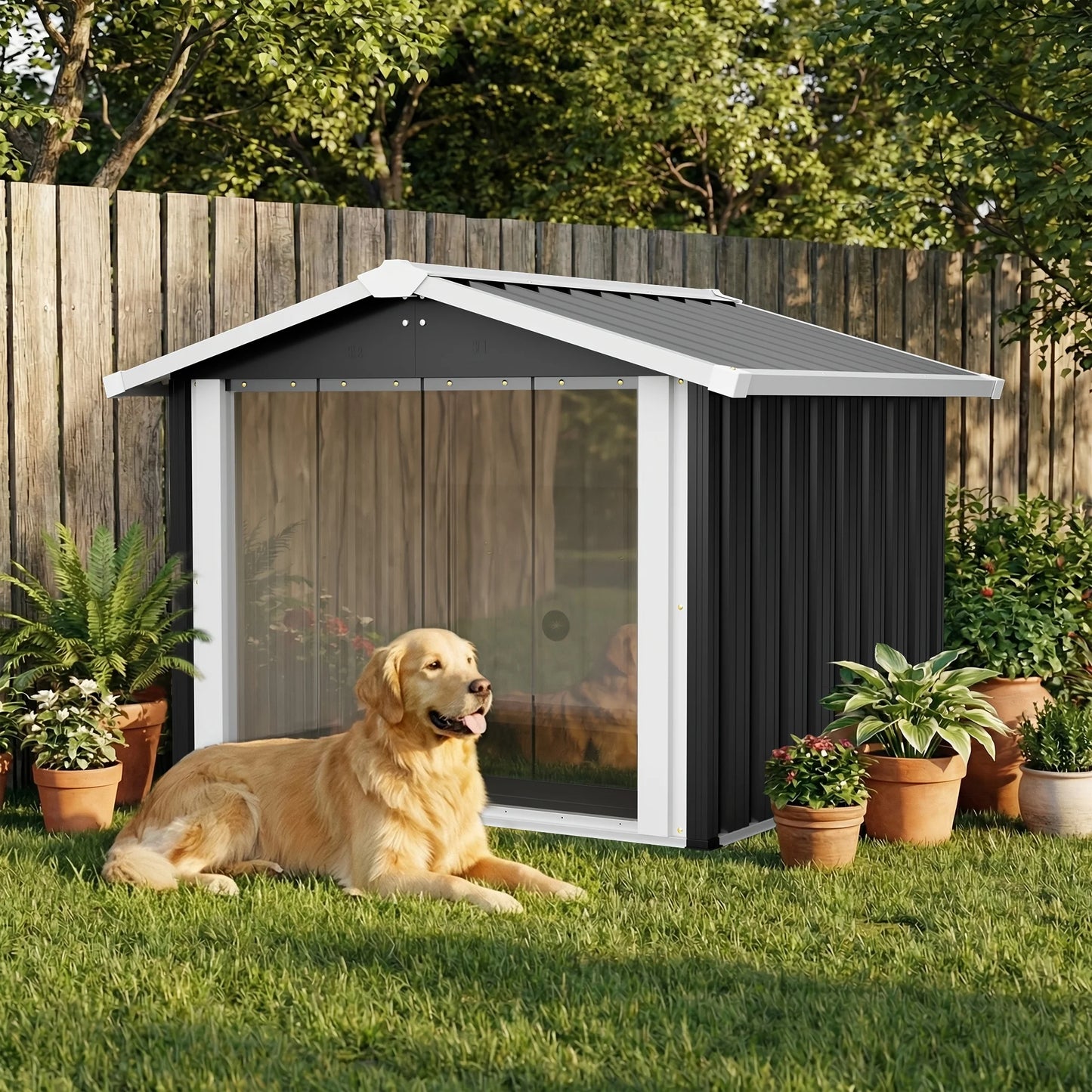 Weather-Resistant Outdoor Shelter That Serves As Both a Metal Dog House And a Storage Shed, Suitable for Medium to Large Dogs, Featuring a PVC Door And Ventilation, And Can Also Accommodate Pets Like Cats, Rabbits, And Chicke