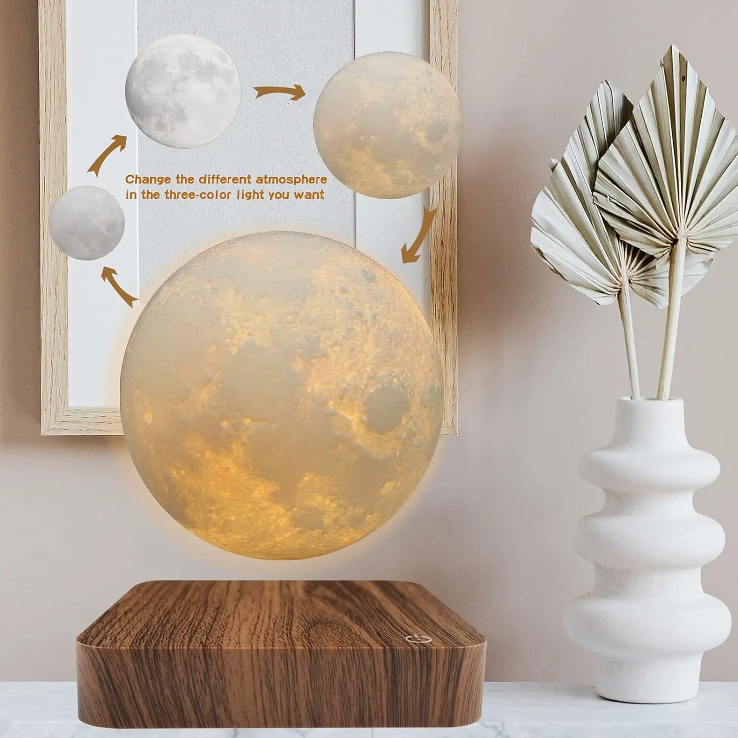 Mexllex Magnetic Floating Rotating Moon Lamp With Wooden Base 3 Color Temp LED