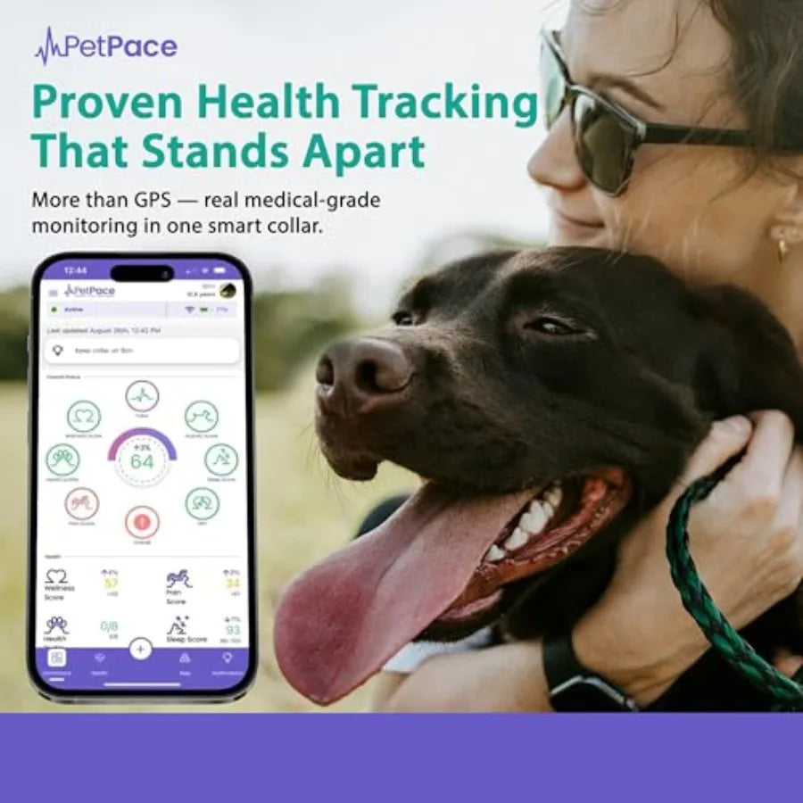 AI Health Collar for Dogs with 24/7 Vital Signs Monitoring Pain Seizure Alerts GPS Tracking Telehealth Consults Vet Sharing App
