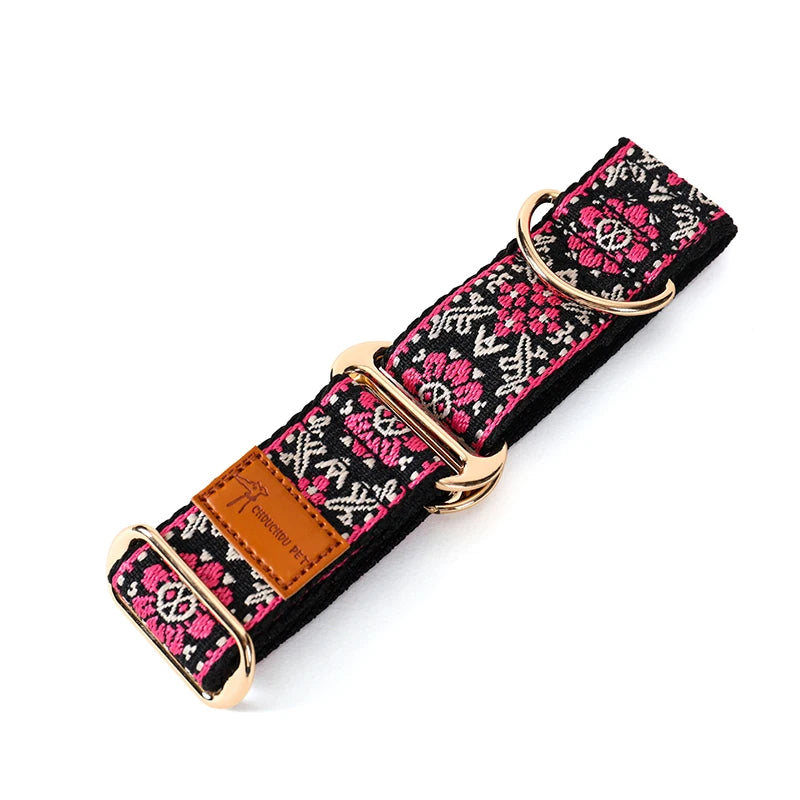 Adjustable Dog Collar Chinese Ethnic Style Martingale Greyhound Collar Patterned Anti-pull Collar Hand Washable Dog Accessory