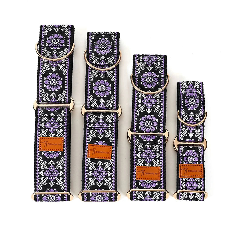 Adjustable Dog Collar Chinese Ethnic Style Martingale Greyhound Collar Patterned Anti-pull Collar Hand Washable Dog Accessory