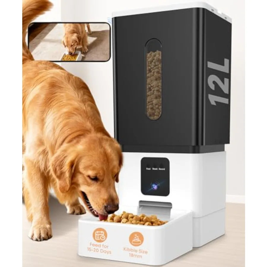 Automatic Dog Feeder Large Breed 12L 50 Cups with HD 1080P Camera 5G WiFi Anti-Clog Timed Feeder for Golden Retriever Busy Owne
